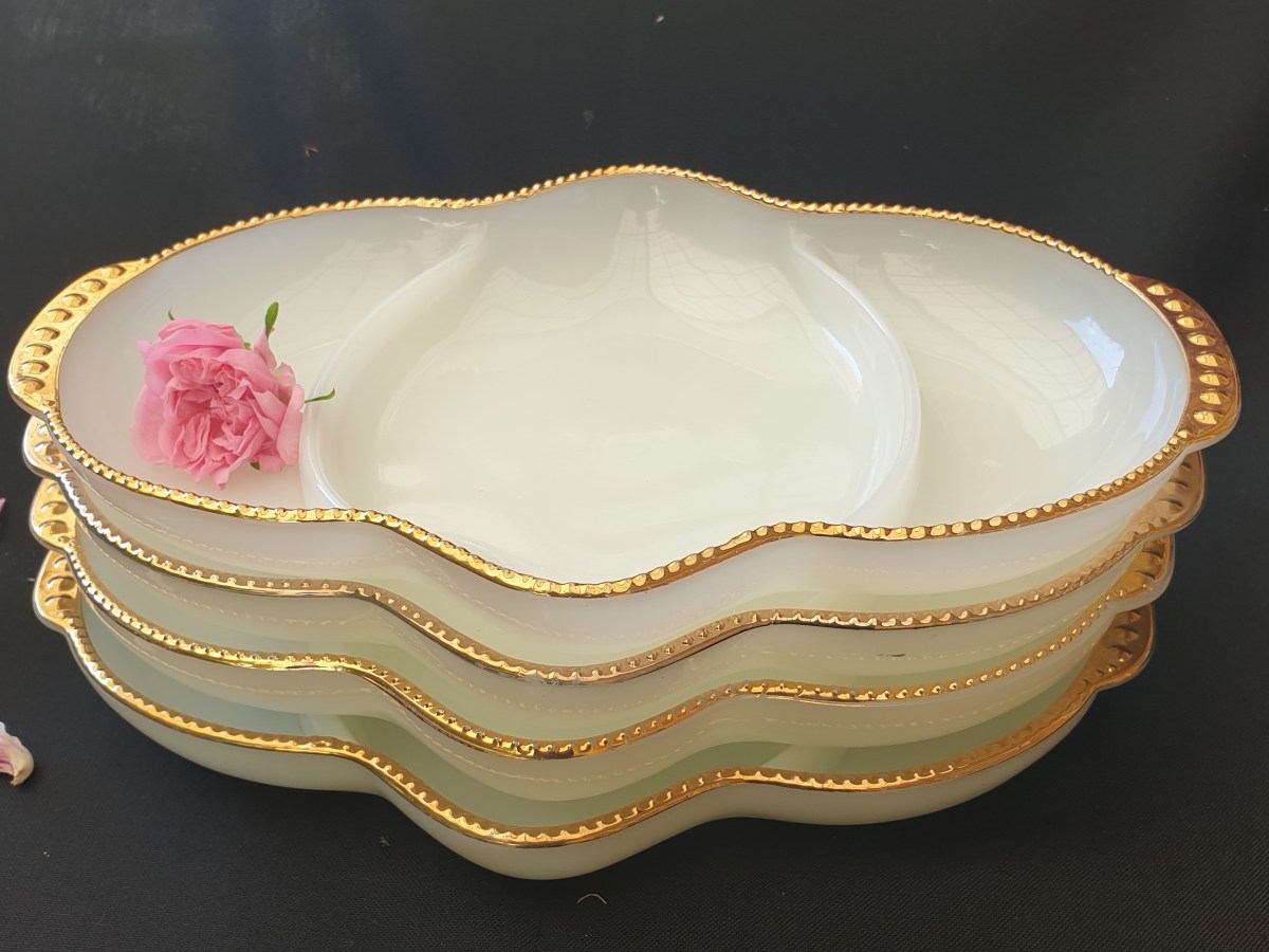 White Milk Glass, Gilt Trimmed Serving Bowls in Fire King&nbsp;Range